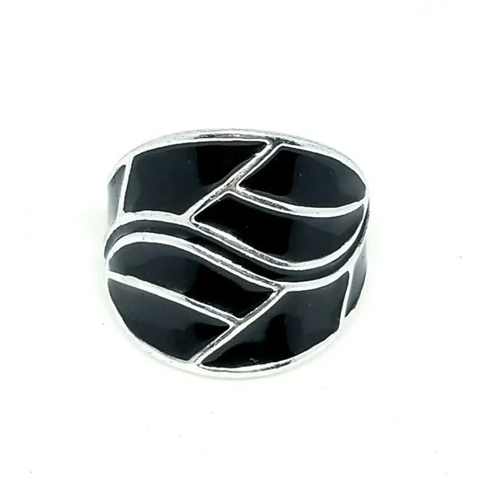 Black Enamel Abstract Wave Silver Tone Cable Ring